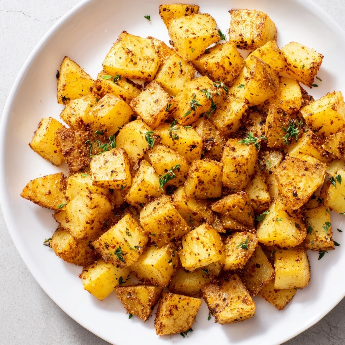 Heiße Cajun Spiced Roasted Potatoes with Herbs duften nach Rauchpaprika, werden mit Kräutern in Schüssel serviert.