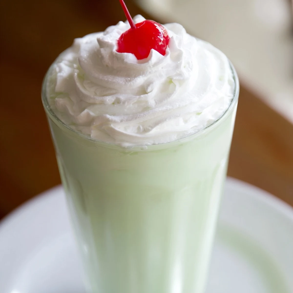 Cremiger, grüner Mint Milkshake mit Maraschino-Kirsche auf weißem Hintergrund, frisch geblendet.