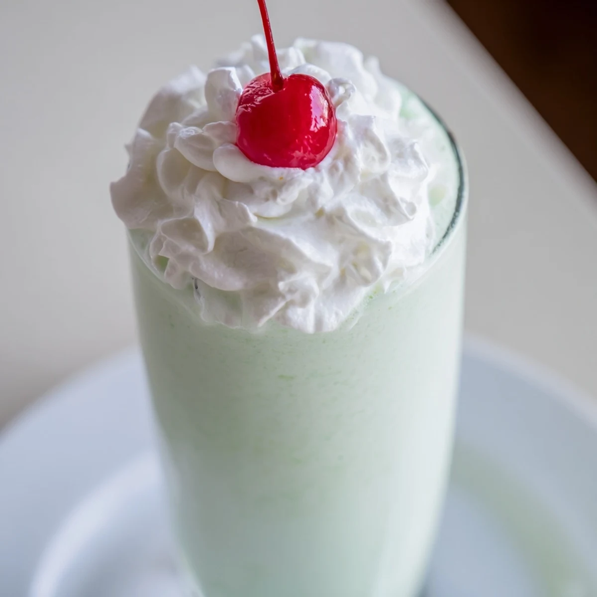 Der klassische Mint Milkshake mit Maraschino-Kirsche wird mit geschmolzenem Vanilleeis serviert.