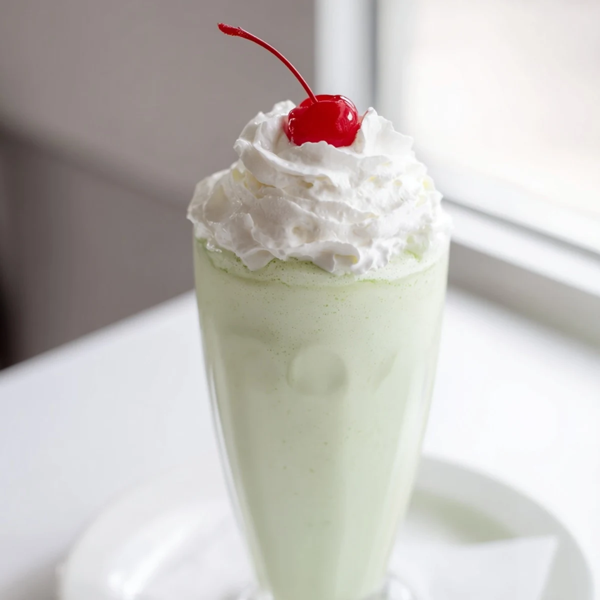 Stimmungsvolle Nahaufnahme eines grünen Mint Milkshakes mit Maraschino-Kirsche und gekühltem Glas.