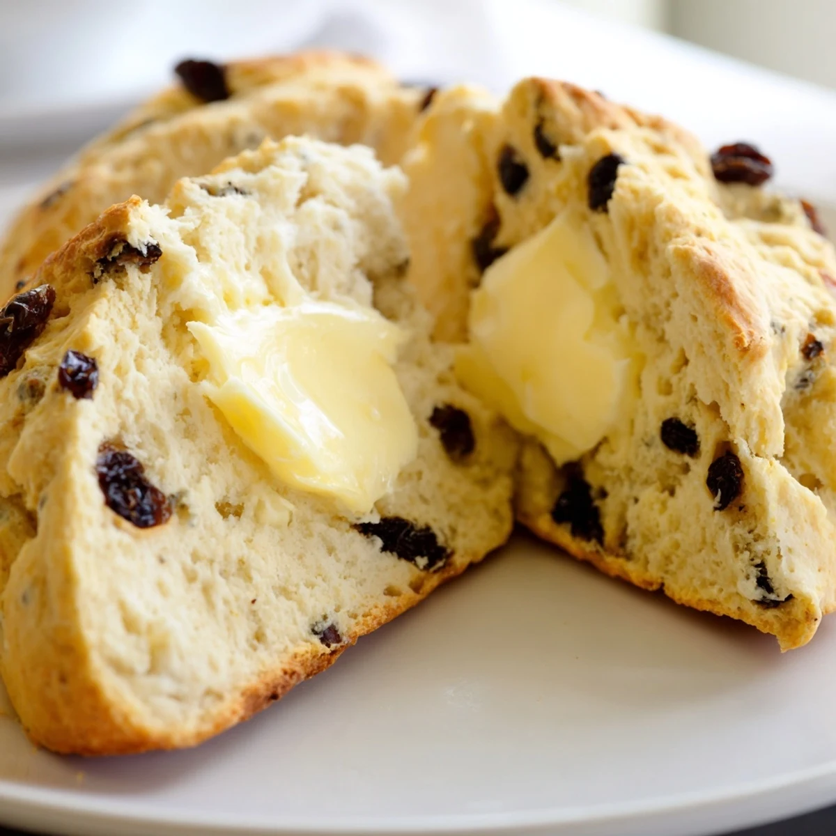 Golden-brown Irish Soda Bread Scones with Butter are split open on a rustic wooden board, revealing a tender crumb.  