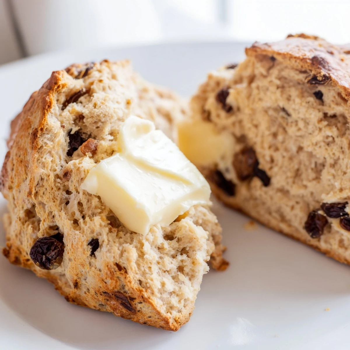 Rustic Irish Soda Bread Scones with Butter cooling on a wire rack, golden crust and currants visible.