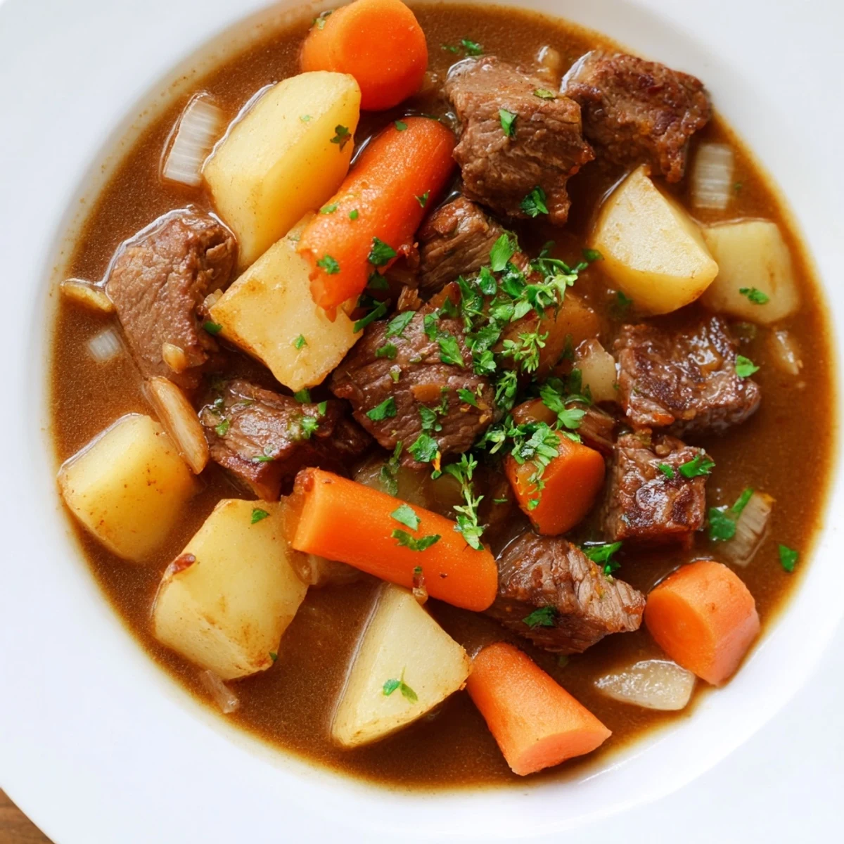 Irish Stew with Beef and Barley served in rustic bowls, garnished with fresh parsley and steam rising from the rich broth.