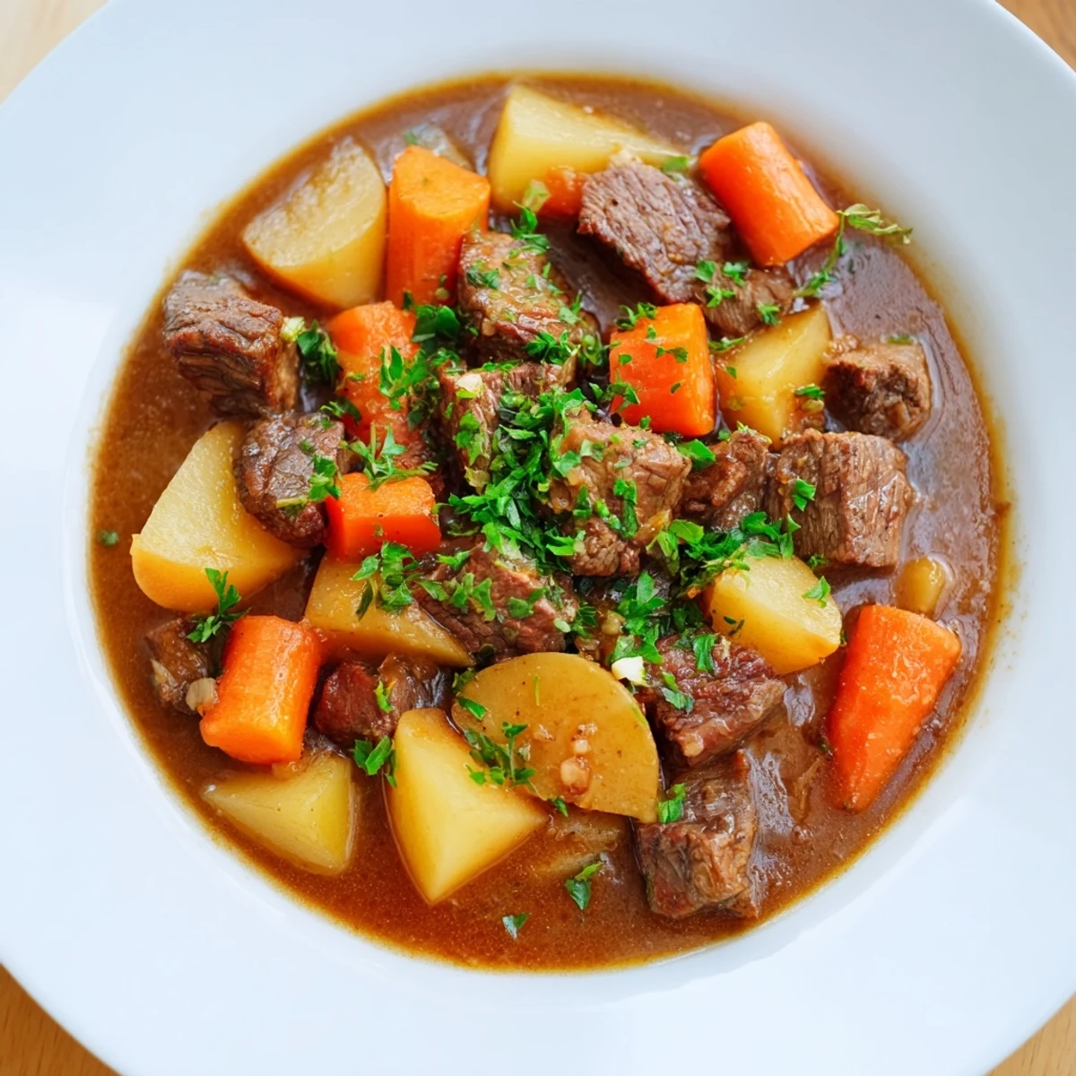 A comforting bowl of Irish Stew with Beef and Barley, surrounded by crusty bread for dipping into the thick gravy.