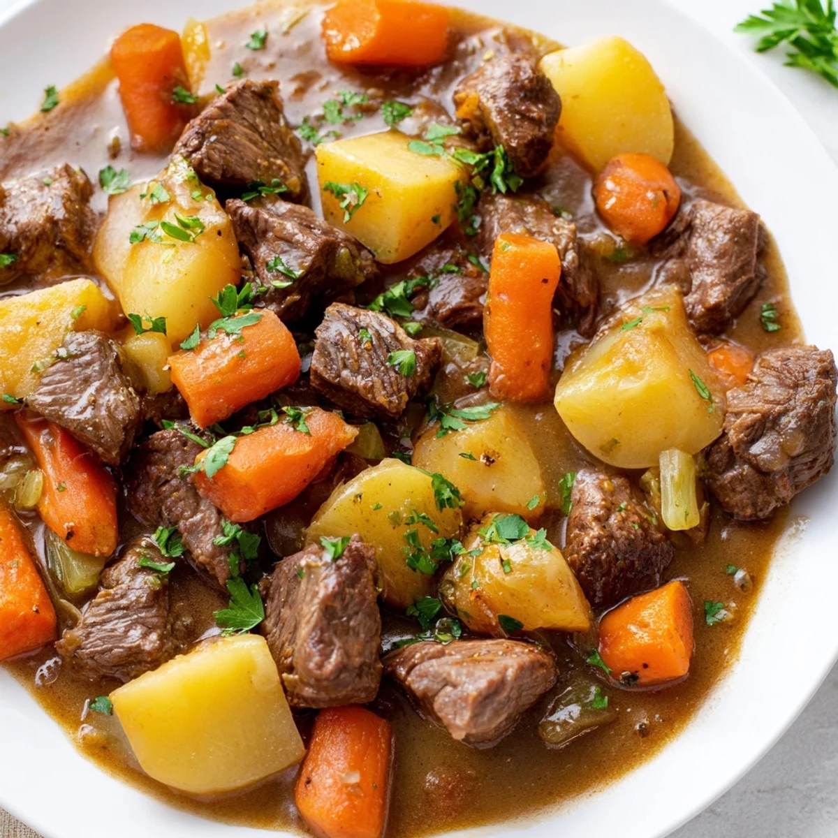 Hearty Irish Stew with Beef and Barley featuring tender beef chunks, carrots, potatoes, and barley in a dark, savory broth.
