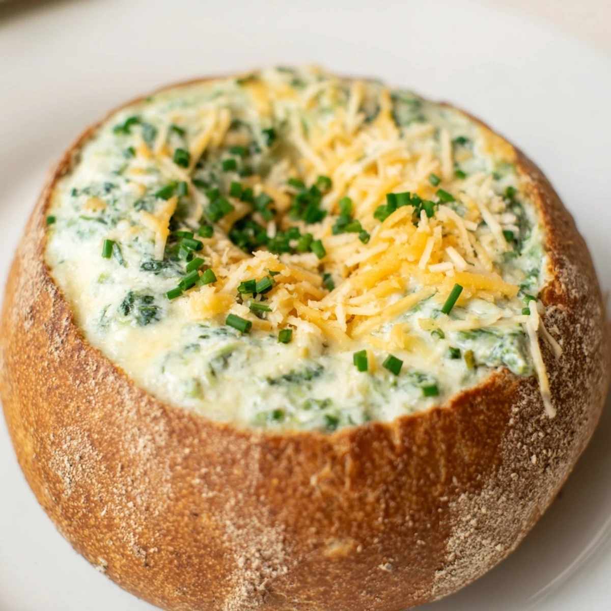 Creamy spinach dip with melted mozzarella in a warm sourdough bread bowl, ready for dipping.