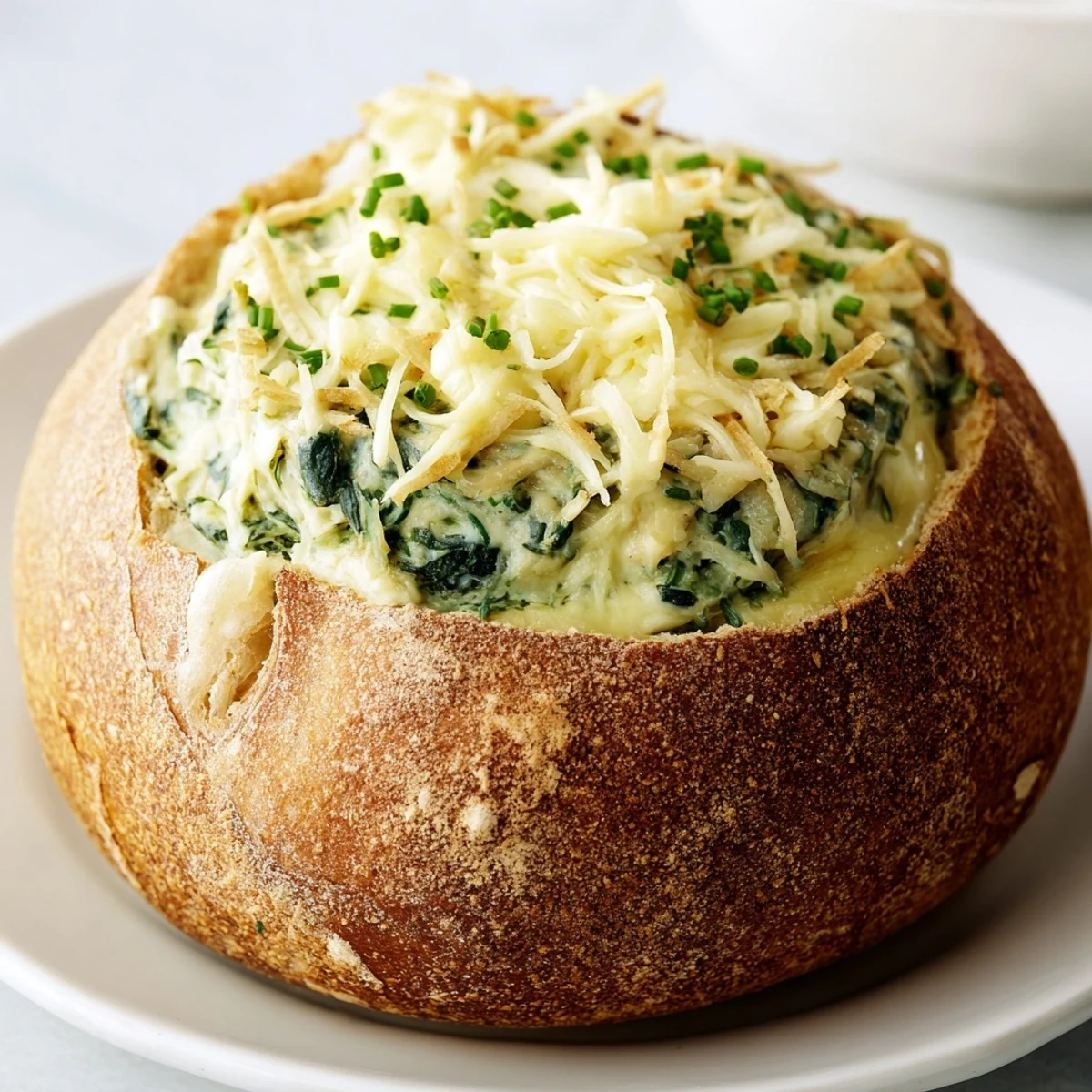 Fresh chives garnish this bubbling spinach dip served inside a hollowed, golden-baked sourdough loaf.