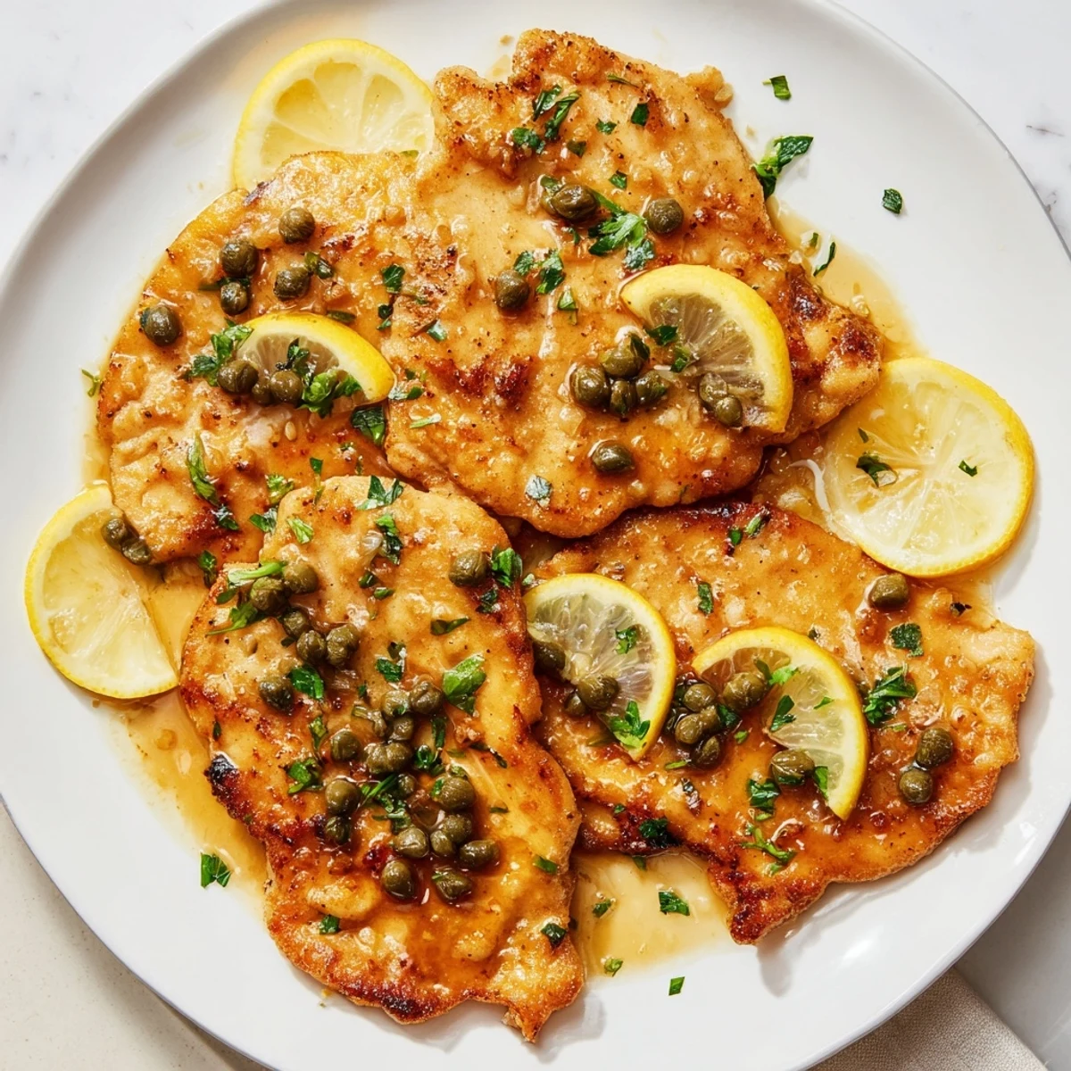 Goldene Chicken Piccata mit Zitronensauce und Kapern auf einem Teller mit Spaghetti garniert.
