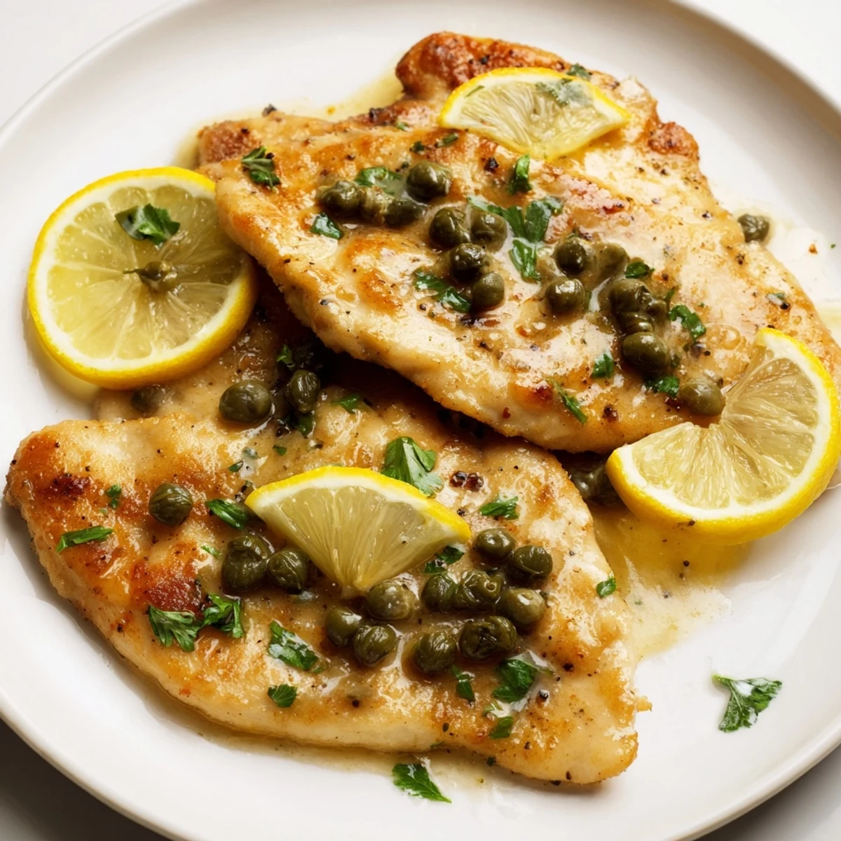 Saftige Chicken Piccata in einer cremigen Zitronen-Kaper-Sauce, serviert mit frischem Petersilienbestreuen und Beilagen.