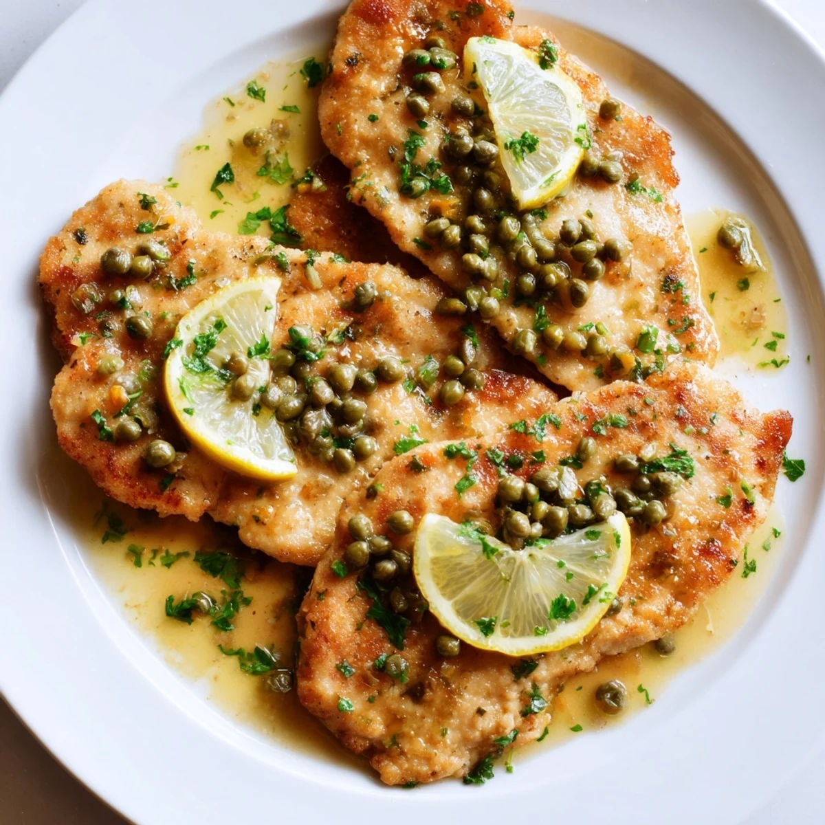 Italienische Chicken Piccata, paniert und goldbraun gebraten, übergossen mit einer tangy Zitronen-Butter-Sauce.