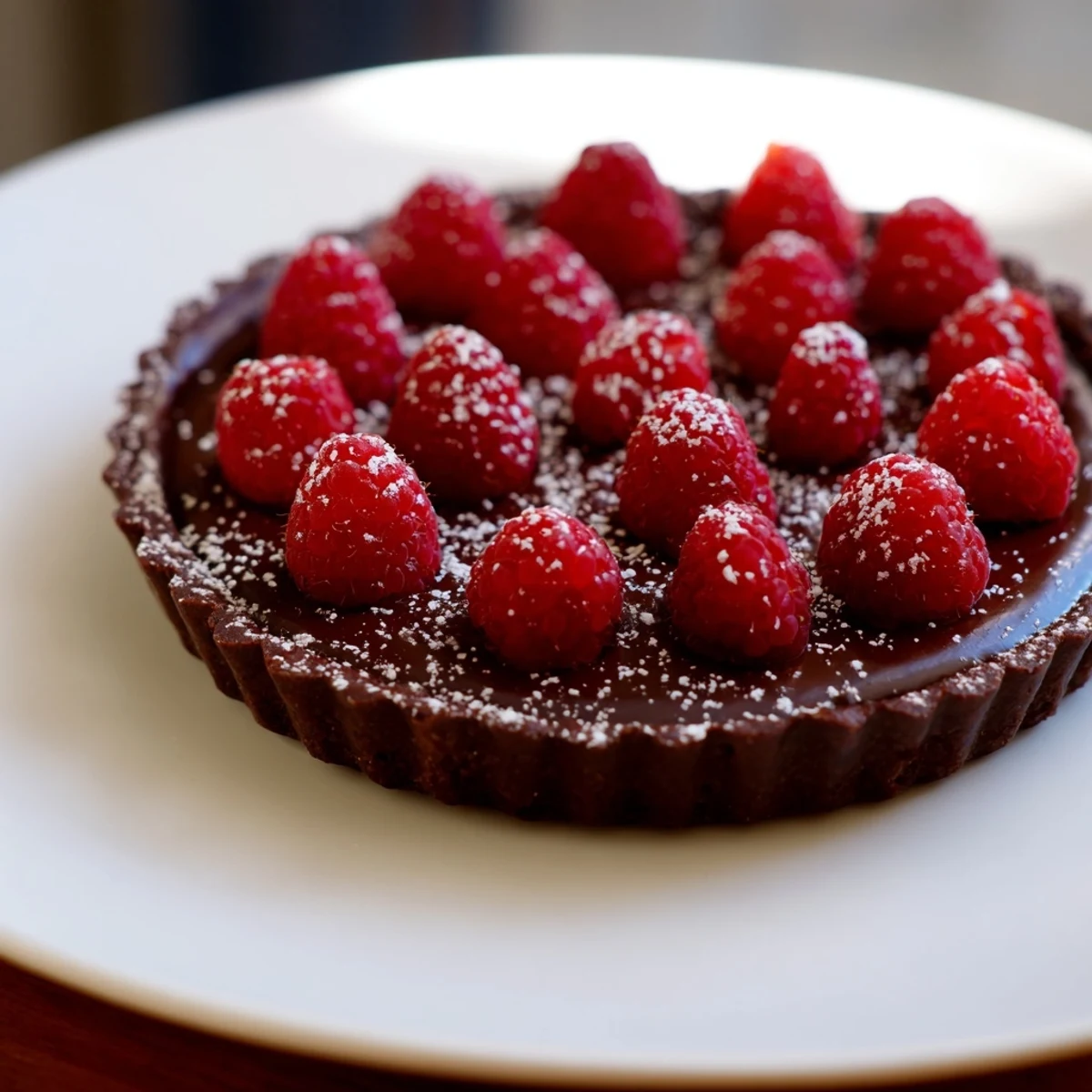 Silky chocolate ganache and fresh raspberries on a crisp Chocolate Raspberry Tart.