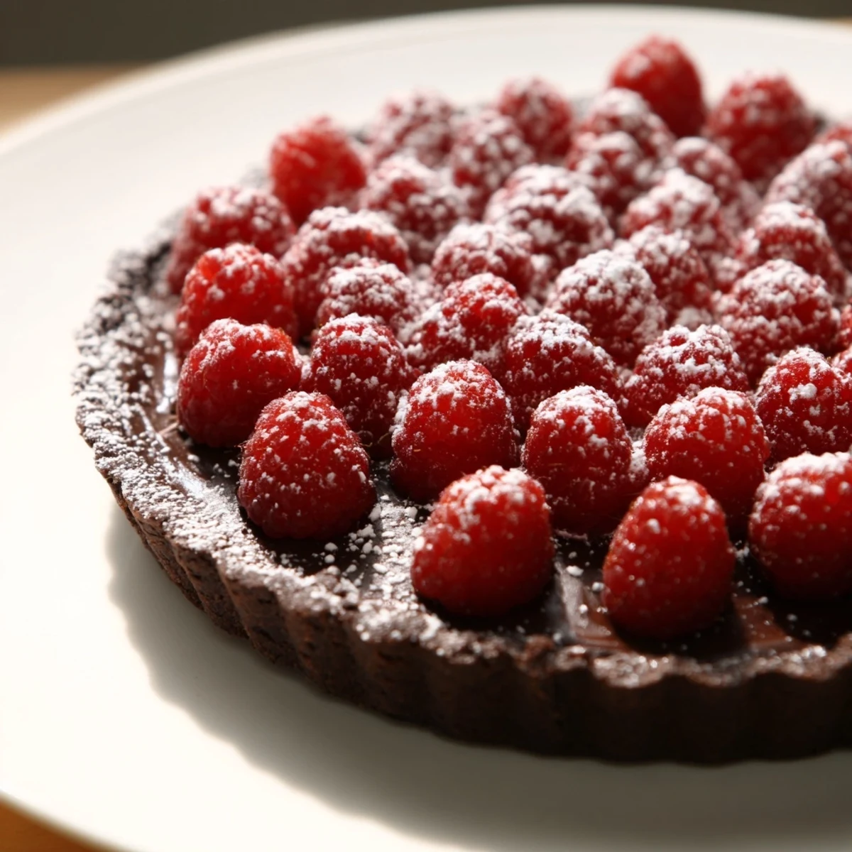 A finished Chocolate Raspberry Tart topped with berries, served on a dessert plate.