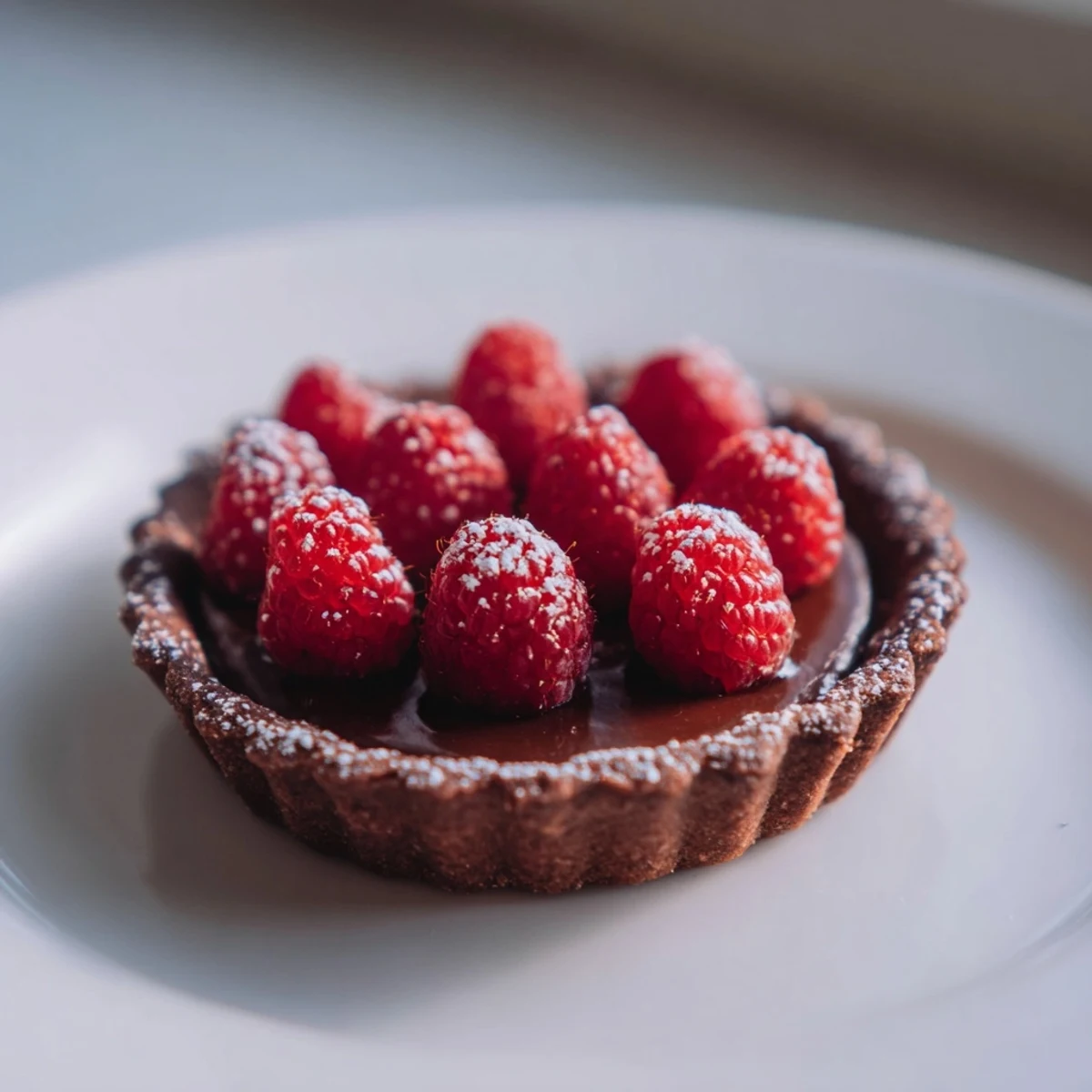 Fresh raspberries and glossy ganache top a slice of homemade Chocolate Raspberry Tart.