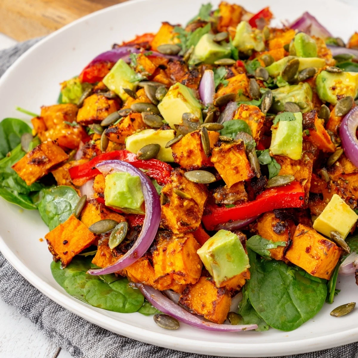 Geröstete Süßkartoffelsalat mit Limette: goldbraune, weiche Süßkartoffelwürfel auf einem Bett frischer Grünsalat und Spinat.
