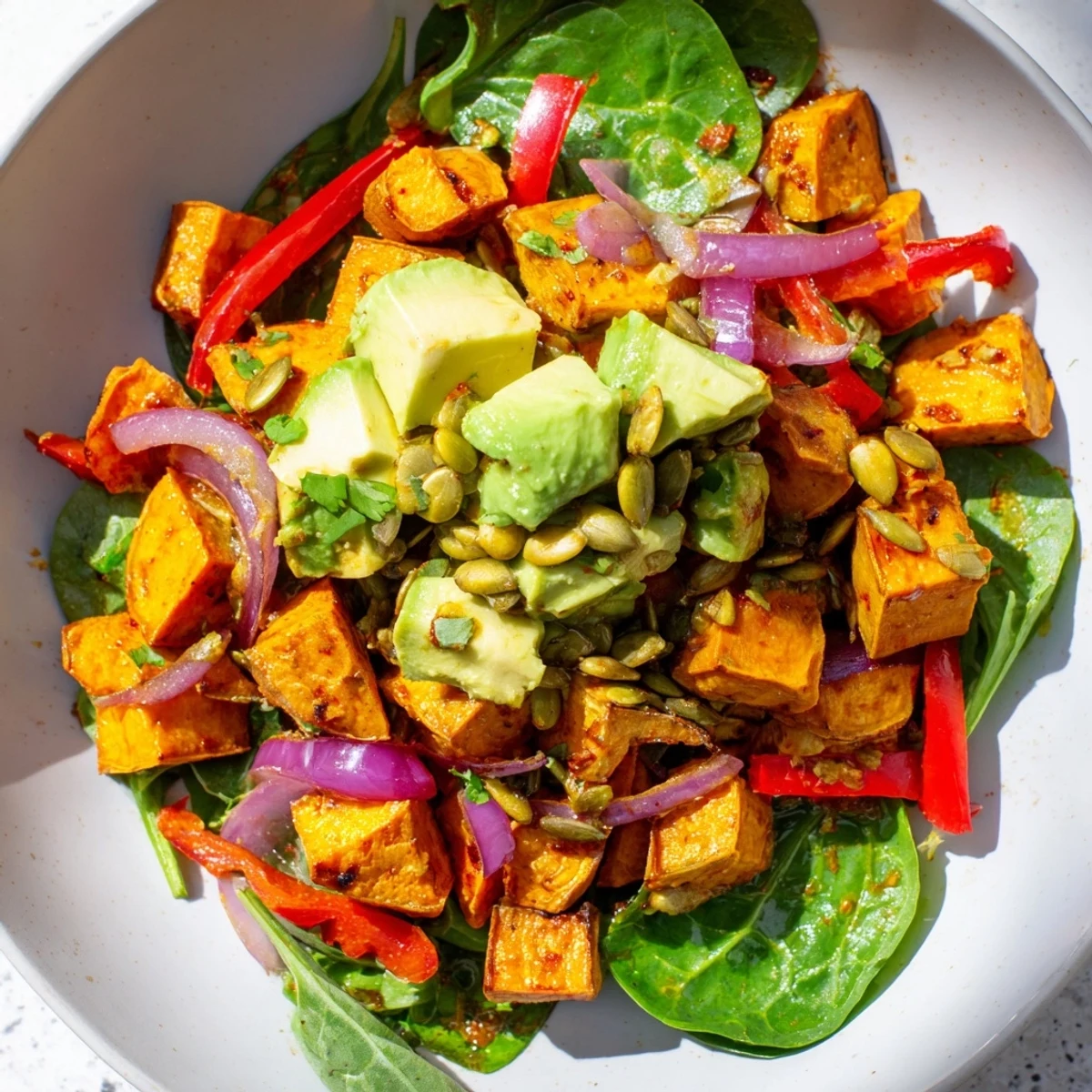 Geröstete Süßkartoffelsalat mit Limette: ein bunter Teller, frisch mit Koriander bestreut und mit einem zitronig-olivenöligen Dressing beträufelt.