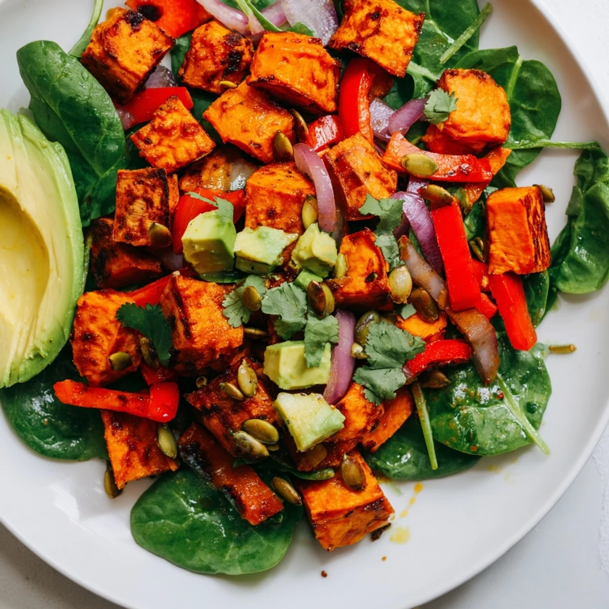 Geröstete Süßkartoffelsalat mit Limette: eine Schüssel mit grünen Avocado-Stücken, roten Paprikawürfeln und knusprigen Kürbiskernen.
