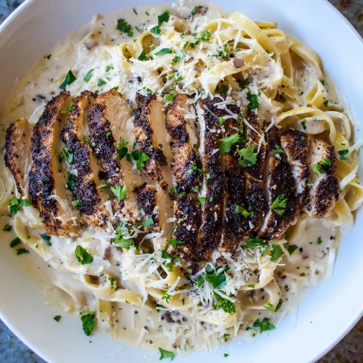 Cajun Blackened Chicken Alfredo mit schwarzer Hähnchenbrust auf cremiger Fettuccine, garniert mit Petersilie und frisch geriebenem Parmesan.