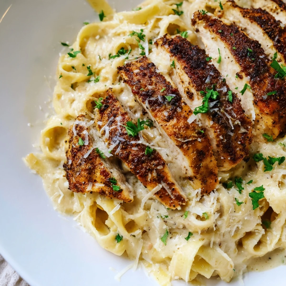Heiße Cajun Blackened Chicken Alfredo-Pfanne mit zarter Hähnchenscheiben, cremiger Soße und goldenen Krustenstreifen.