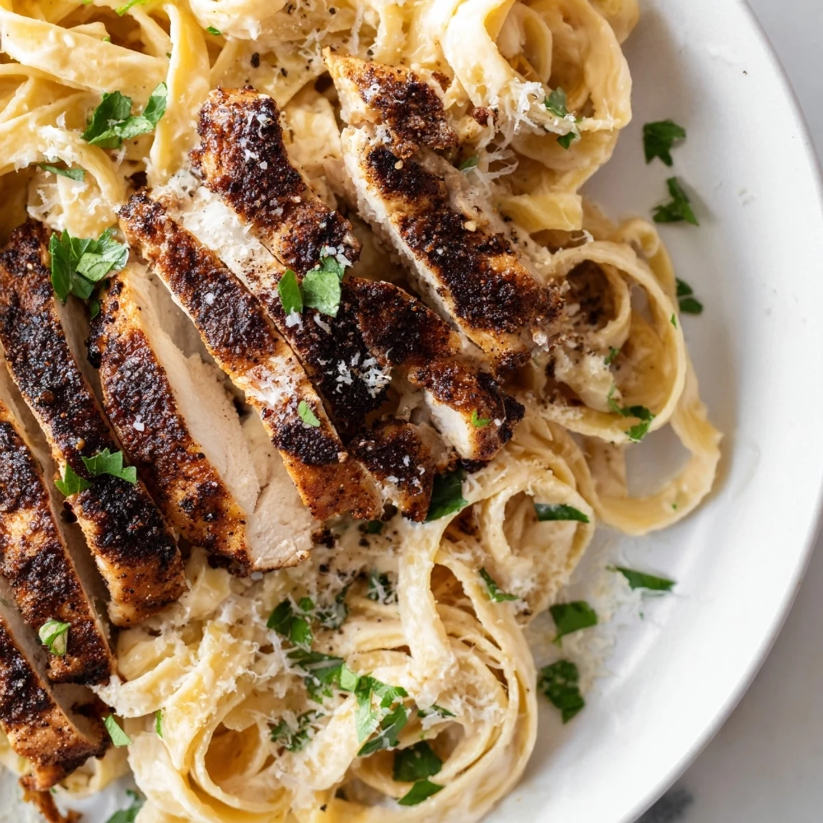 Eine Portion Cajun Blackened Chicken Alfredo mit scharfer Gewürzkruste, reichhaltiger Alfredo-Soße und al dente Nudeln.