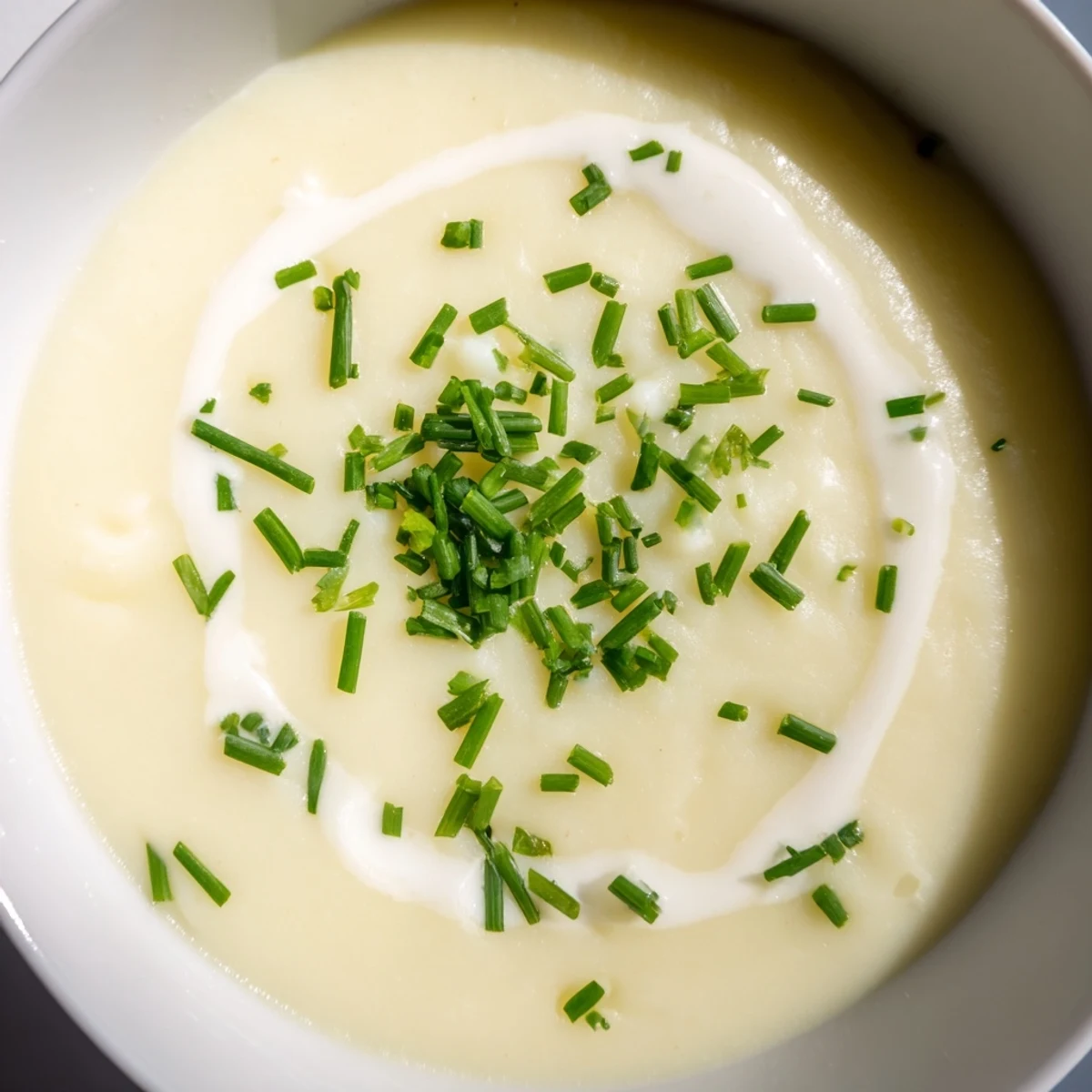 Dampfende Creamy Potato Soup with Chives im Topf, garniert mit frischen Kräutern und Sahne.