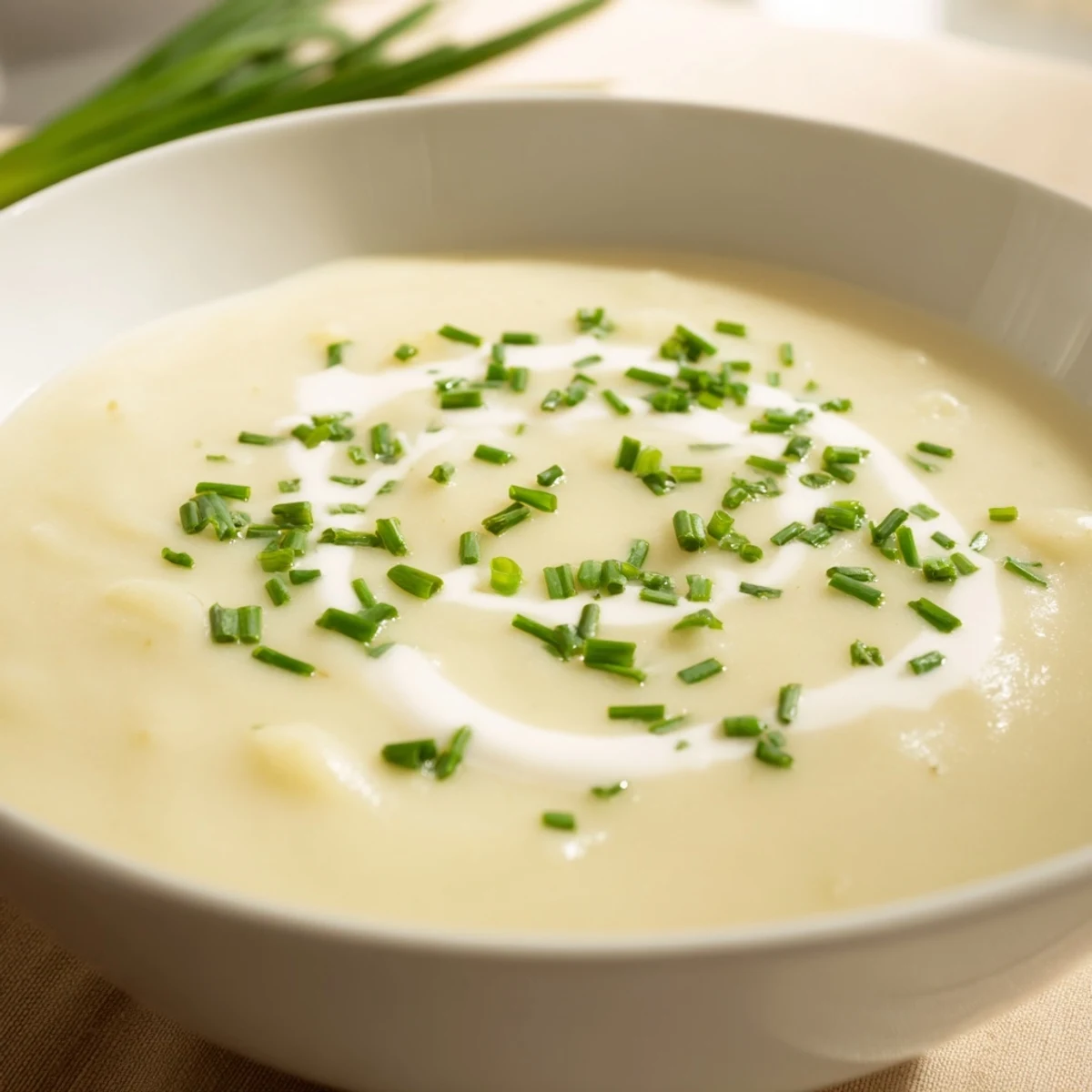 Gepüreepte Creamy Potato Soup with Chives mit Sahne und gehackten Schnittlauchspitzen garniert.