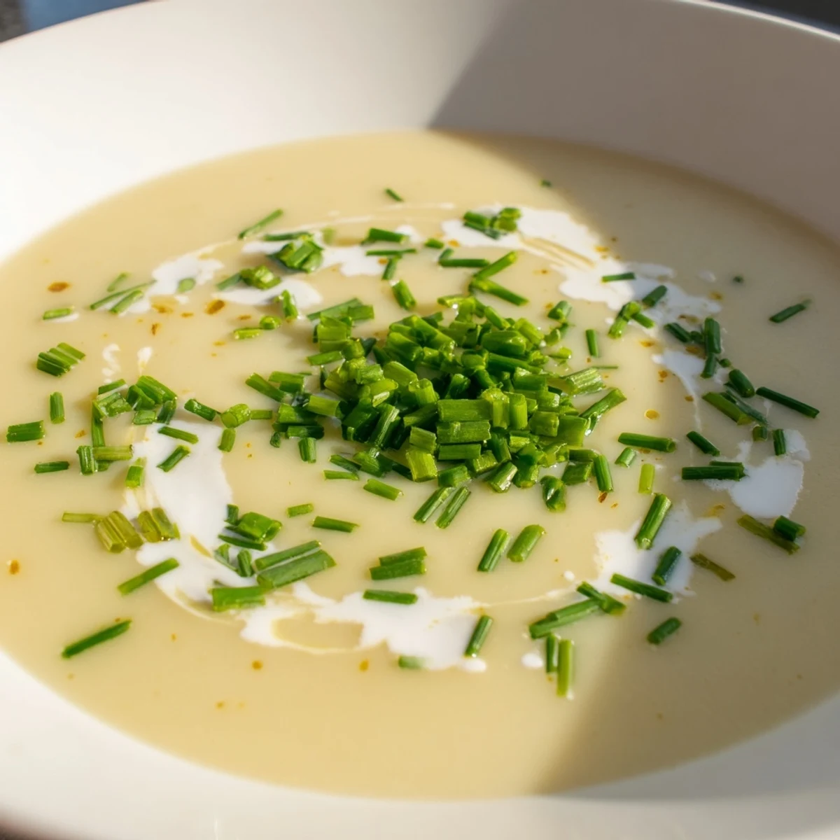 Creamy Potato Soup with Chives angerichtet in einer vollen Schüssel mit knusprigem Brot.