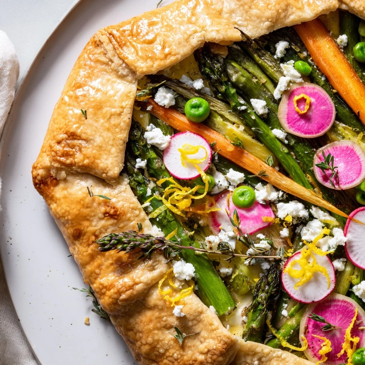 Ein rustikaler Frühlingsgemüse-Galette mit Ziegenkäse, auf goldenem Blätterteig mit frischem Thymian belegt.