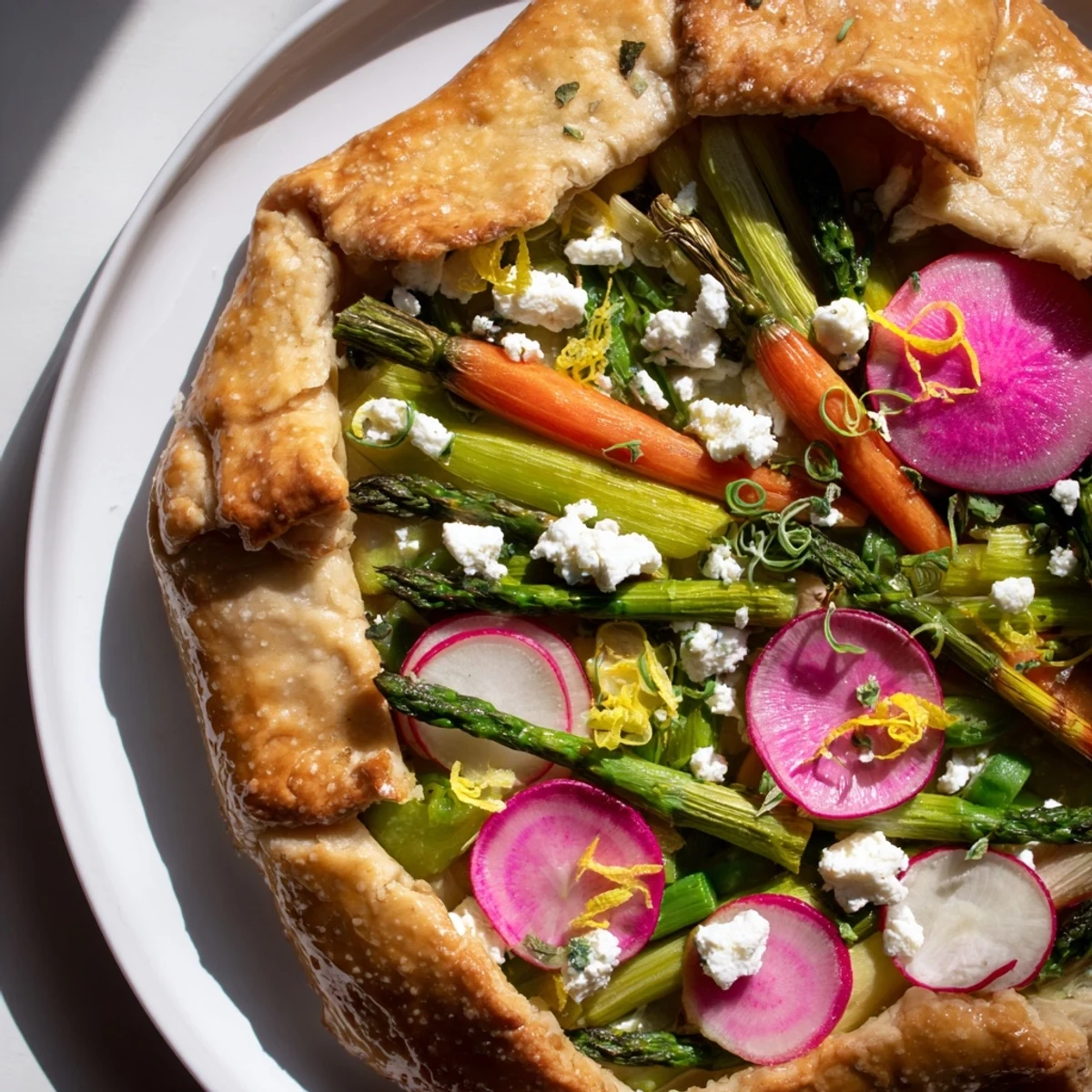 Auf dem Teller liegt ein gebackener Frühlingsgemüse-Galette mit Ziegenkäse, serviert mit Salat für ein frisches Brunch-Menü.