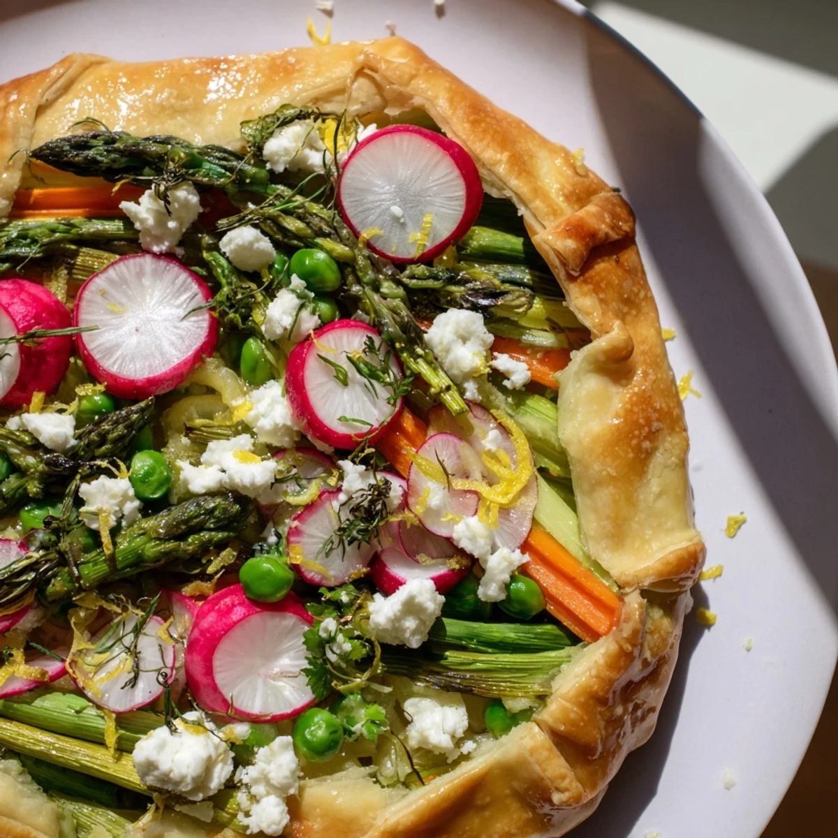 Goldbrauner Frühlingsgemüse-Galette mit Ziegenkäse und knusprigem Rand, frisch aus dem Ofen und würzig mit Zitronenschale.