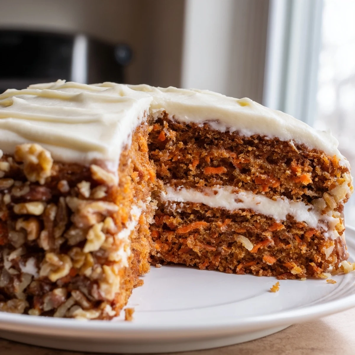 Ein feuchtes Easter Carrot Cake with Walnuts auf einem rustikalen Holzteller, umrandet von kleingeschnittenen Walnüssen und einem Schuss Zimt.