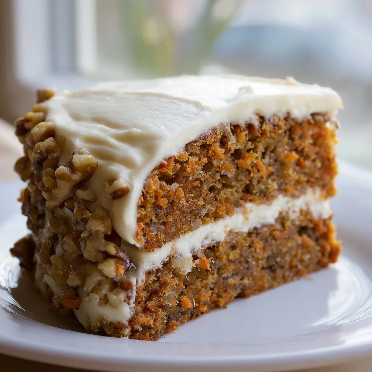Ein Stück saftiges Easter Carrot Cake with Walnuts mit cremiger Frosting-Spitze und einem Hauch von frisch geriebenen Karotten oben.