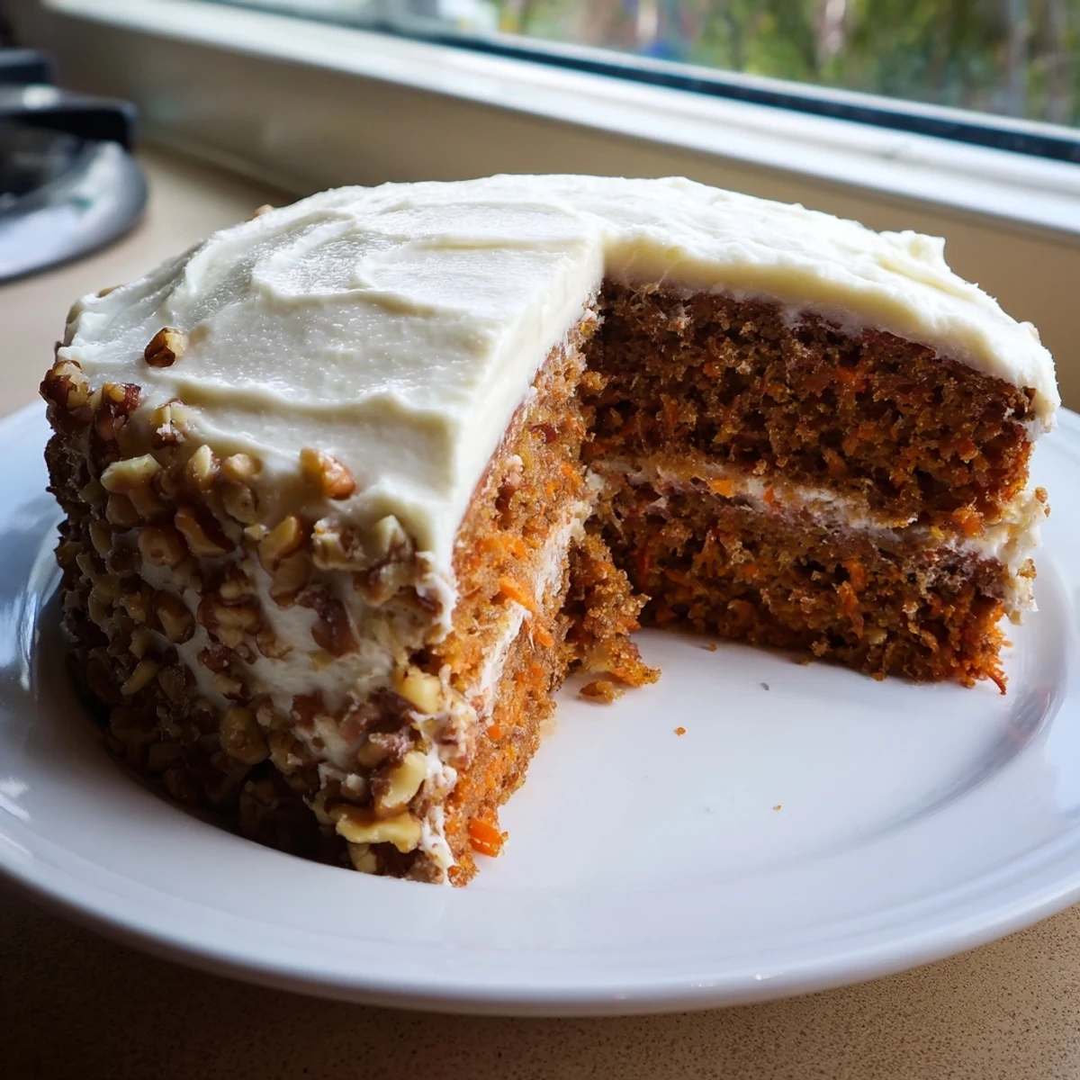 Frisch gebackenes Easter Carrot Cake with Walnuts, dekoriert mit gehackten Walnüssen und bereit für den Osterbrunch-Tisch.