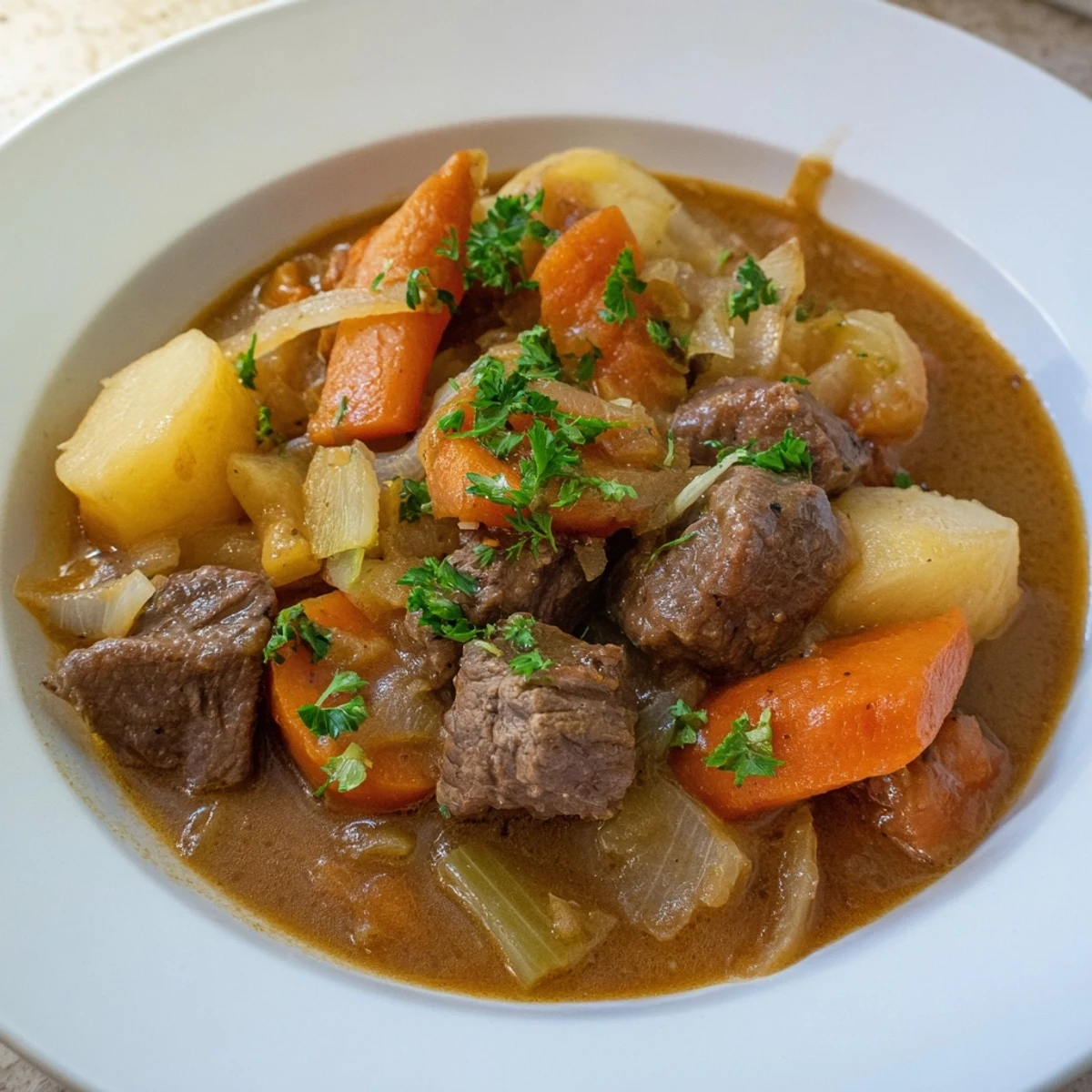 Nahaufnahme Irish Beef and Vegetable Stew: Rindfleischwürfel, Wurzelgemüse und Kräuter in einer herzhaften, dampfenden Brühe.
