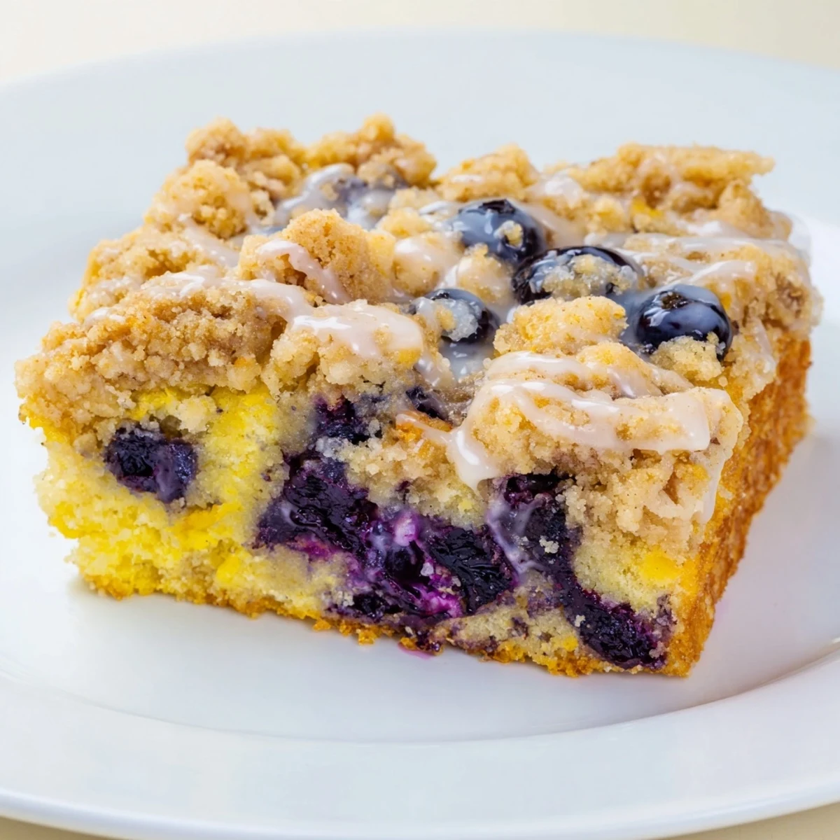 Golden Lemon Blueberry Coffee Cake slice with crumbly streusel topping and fresh blueberries.