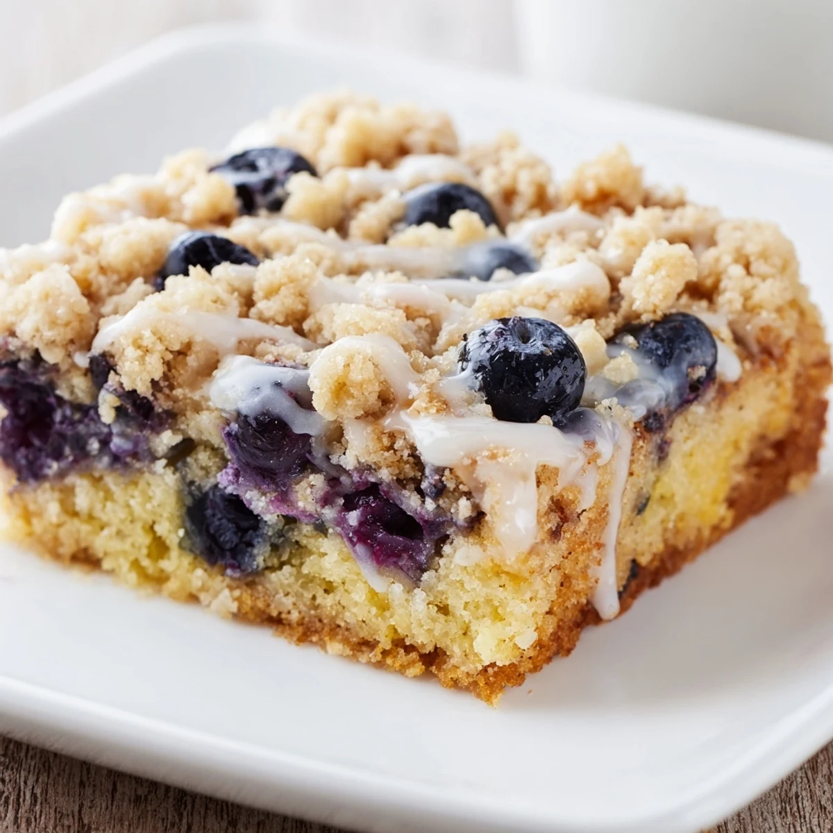 Fresh blueberries baked into a tender cake, drizzled with sweet lemon glaze.