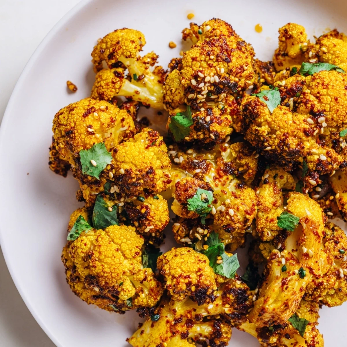 Goldene Röstkohlrabi mit Kurkuma und Sesam auf einem weißen Teller garniert.