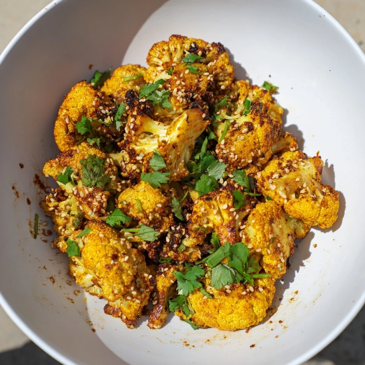 Kurkuma-Röstkohlrabi mit knusprigen Rändern und frischem Koriander bestreut.