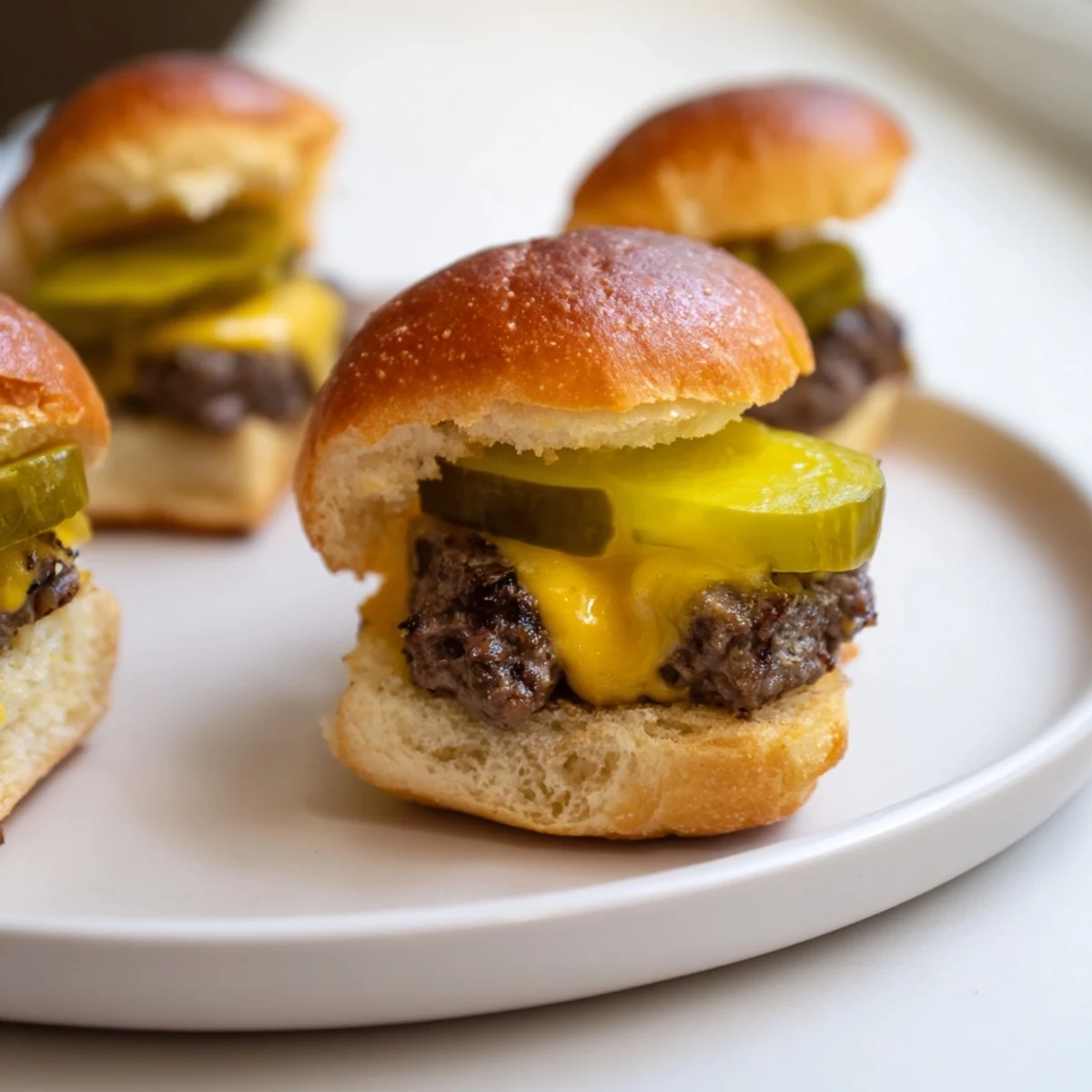 Geschmackvolle Beef Sliders with Cheese and Pickles mit geschmolzenem Käse und sauren Gurken auf weichen Mini-Brötchen.