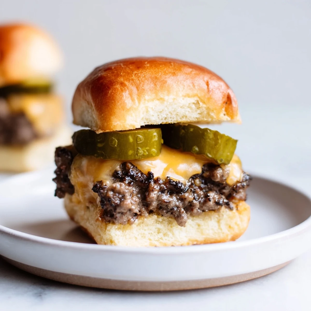Saftige Beef Sliders with Cheese and Pickles, perfekt für Partys, mit frisch gegrillten Rindfleischbällchen und knusprigen Gurken.