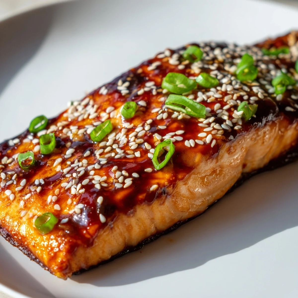 Gebackenes Lachsfilet mit Teriyaki-Glasur, goldbraun gebacken und mit frischen Sesamkörnern bestreut.
