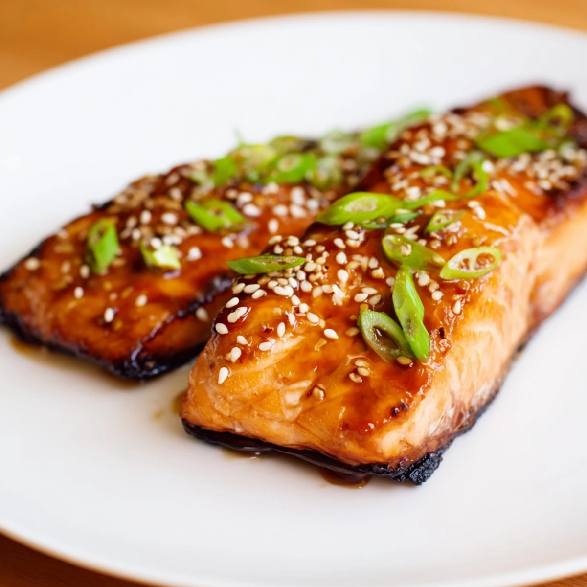 Lachs im Ofen mit süß-salziger Teriyaki-Soße, garniert mit fein geschnittenen Frühlingszwiebeln.