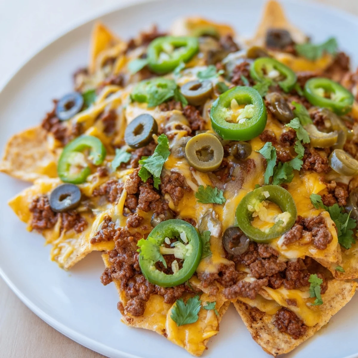 A close-up of Beef Nachos with Jalapenos and Cheese, featuring golden tortilla chips covered in melted cheddar and Monterey Jack, savory ground beef, and fresh jalapeño slices for a spicy kick.