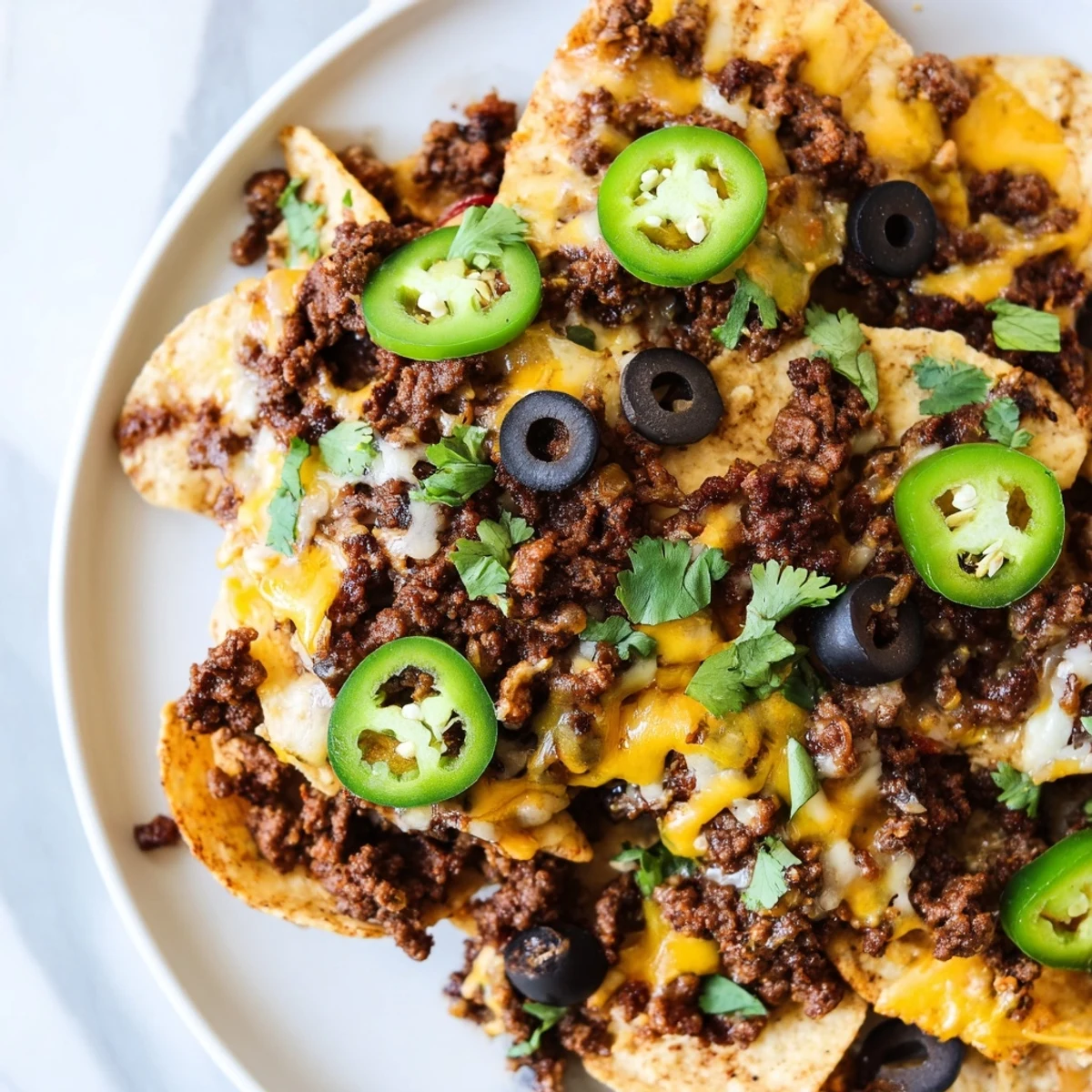 Oven-baked Beef Nachos with Jalapenos and Cheese, bubbling with hot cheese and seasoned beef, topped with black olives and fresh jalapeños on crispy tortilla chips.