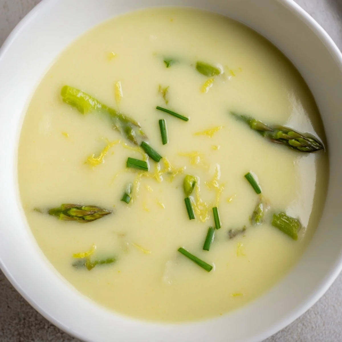 Creamy Asparagus Soup with Lemon served steaming in a white bowl, garnished with lemon zest