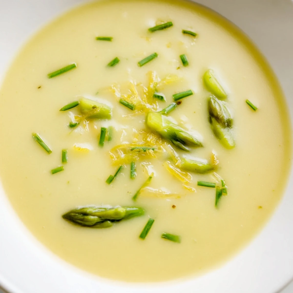 Close-up of Creamy Asparagus Soup with Lemon, topped with fresh chives and a lemon wedge