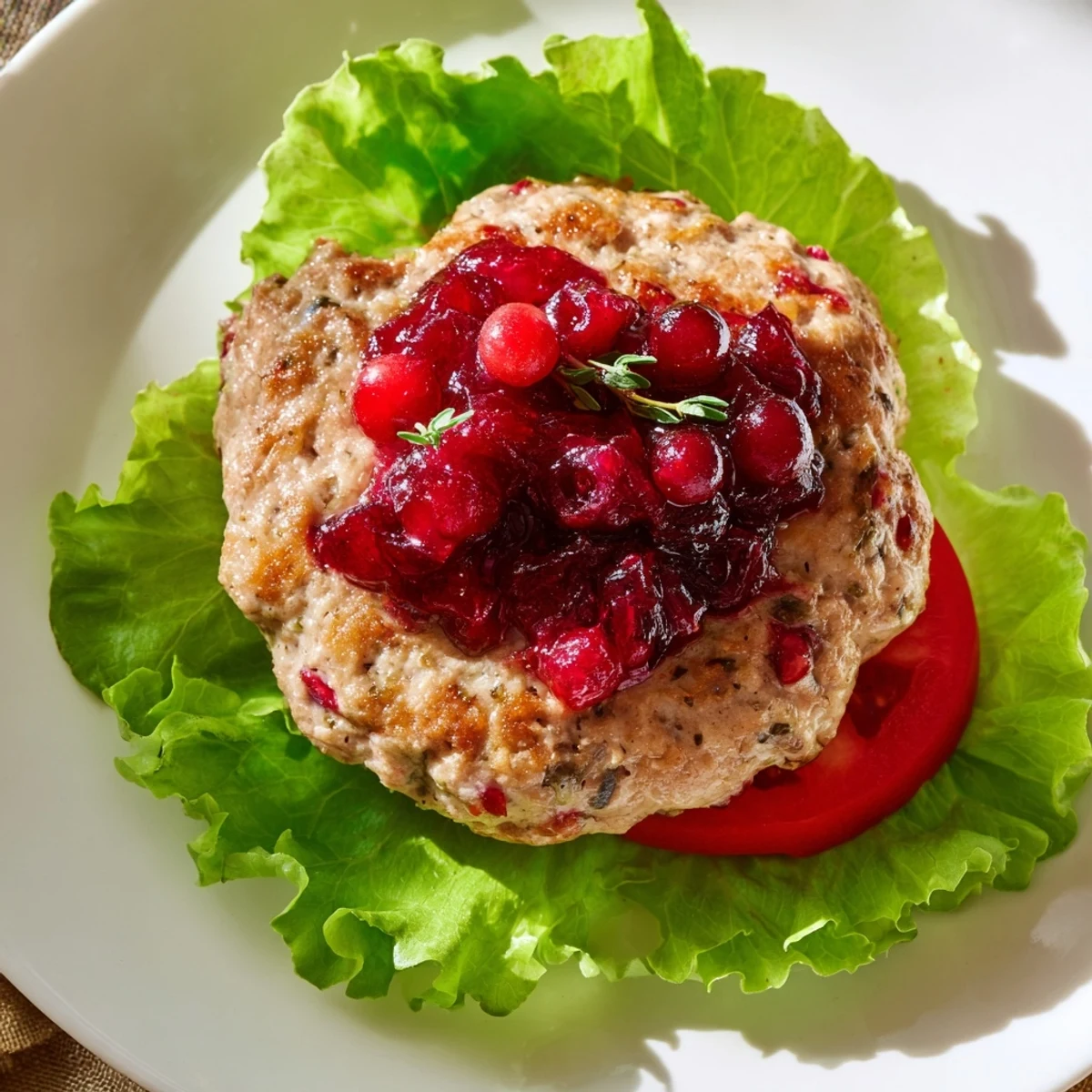Turkey Burgers with Cranberry Sauce served on a plate with golden brown patties and tangy red onion.