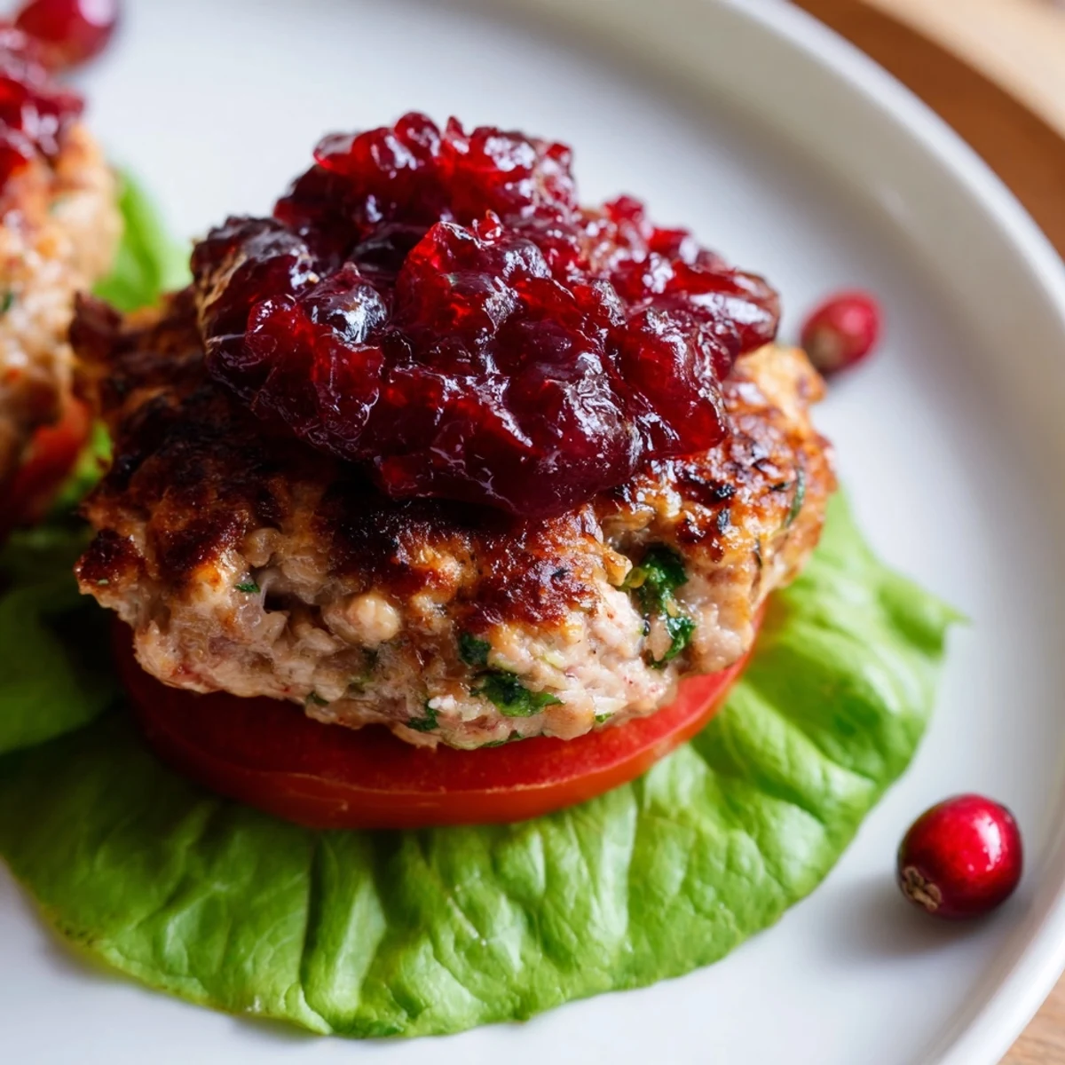 Plated turkey burgers with cranberry sauce, sliced tomato, and lettuce on toasted buns, ideal for a family dinner.