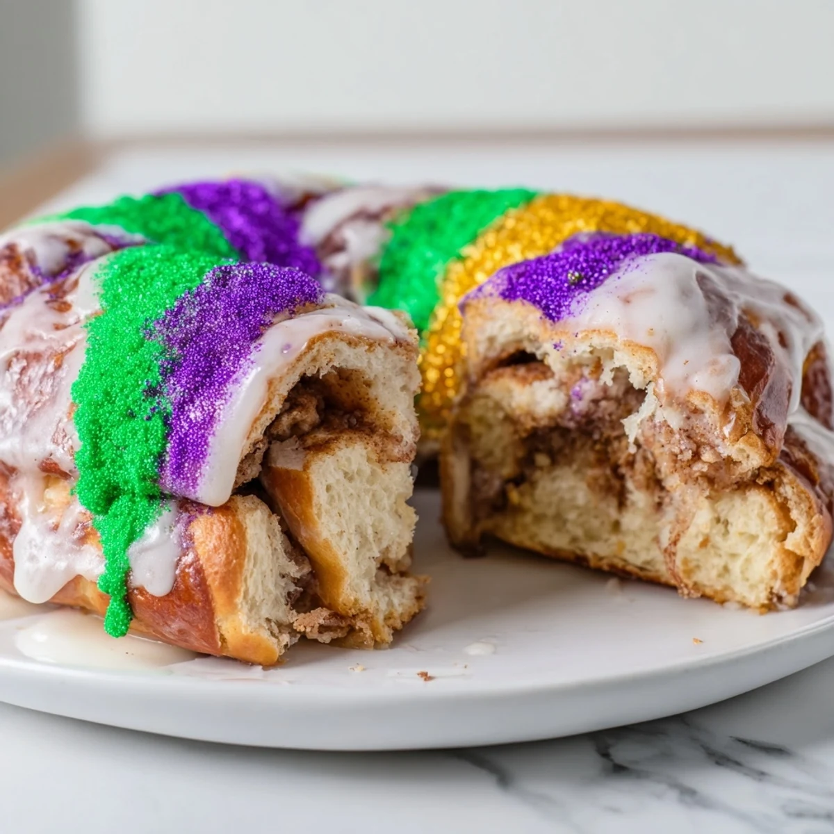 Frisch gebackene Mardi Gras King Cake Bagels mit leuchtendem Zucker bestreut und zuckeriger Glasur beträufelt zum Frühstück.