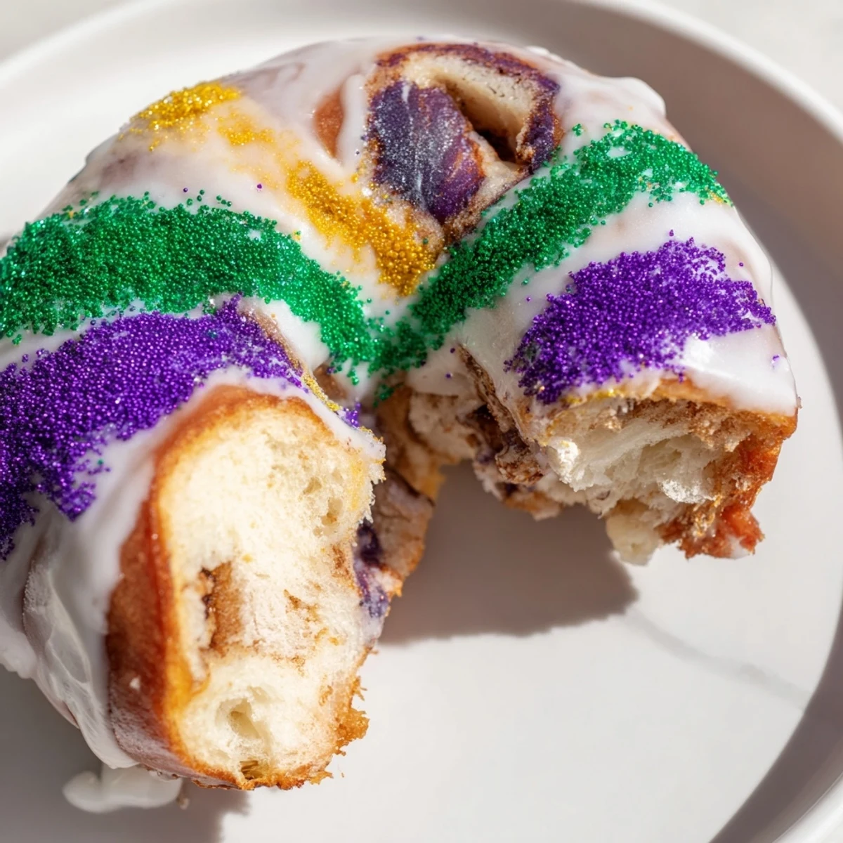 Weiche Mardi Gras King Cake Bagels mit zarter Cinnamon-Sugar-Füllung auf einem rustikalen Holztisch in Näheaufnahme.