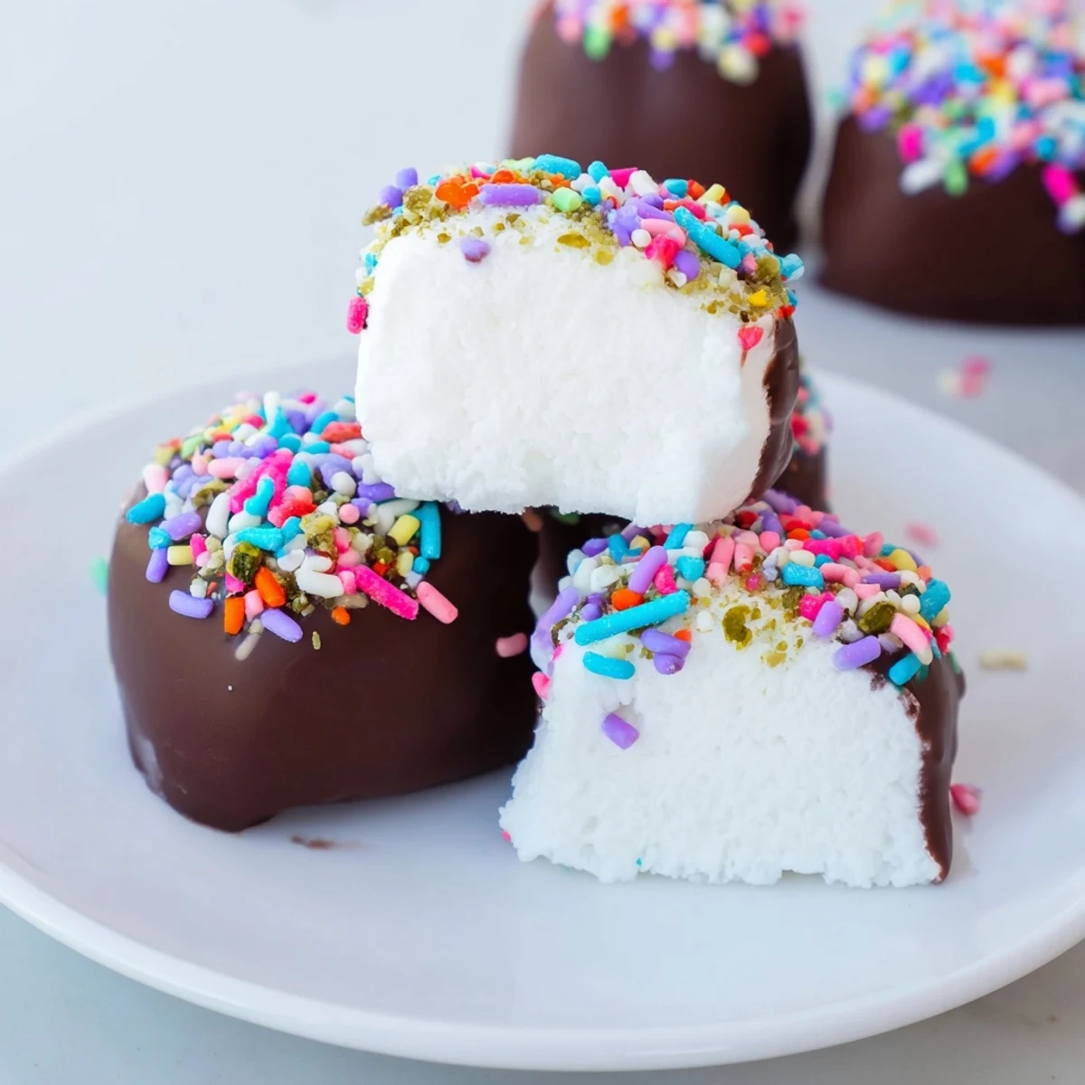 Fluffy marshmallows dipped in silky melted chocolate, topped with festive sprinkles, shown on a baking sheet for a sweet party treat.